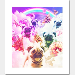 Pugs In The Clouds With Doughnut, Pizza, Rainbow Posters and Art